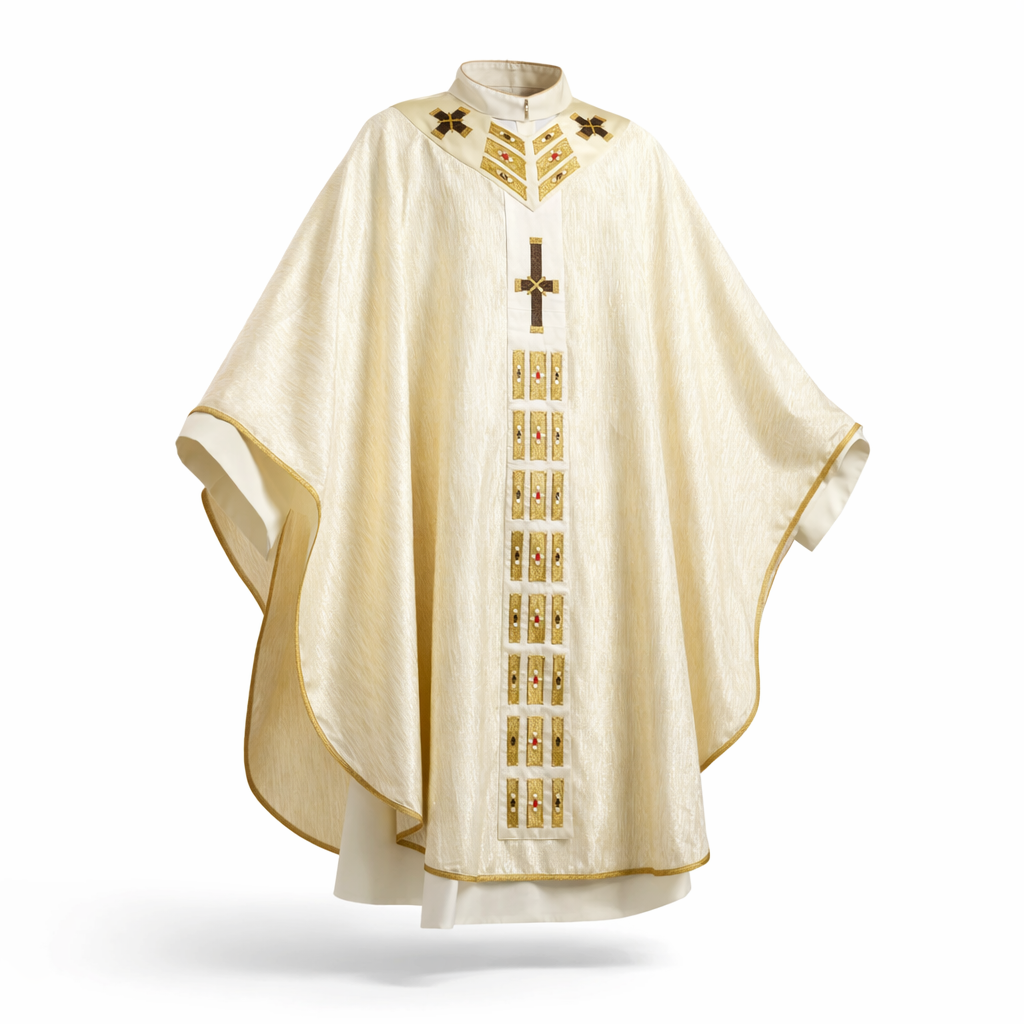 Casula  in Seta e Lurex con Passamaneria, Croci e Swarovski (Colori Liturgici Disponibili)