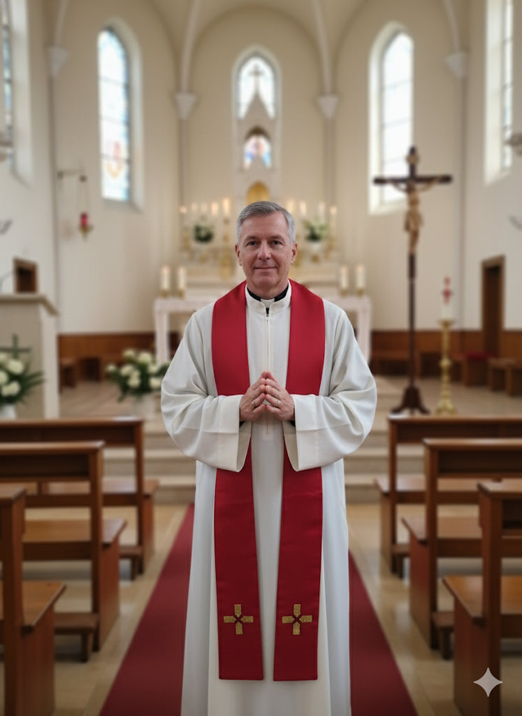 Casula in raso rossa con stolone e croce