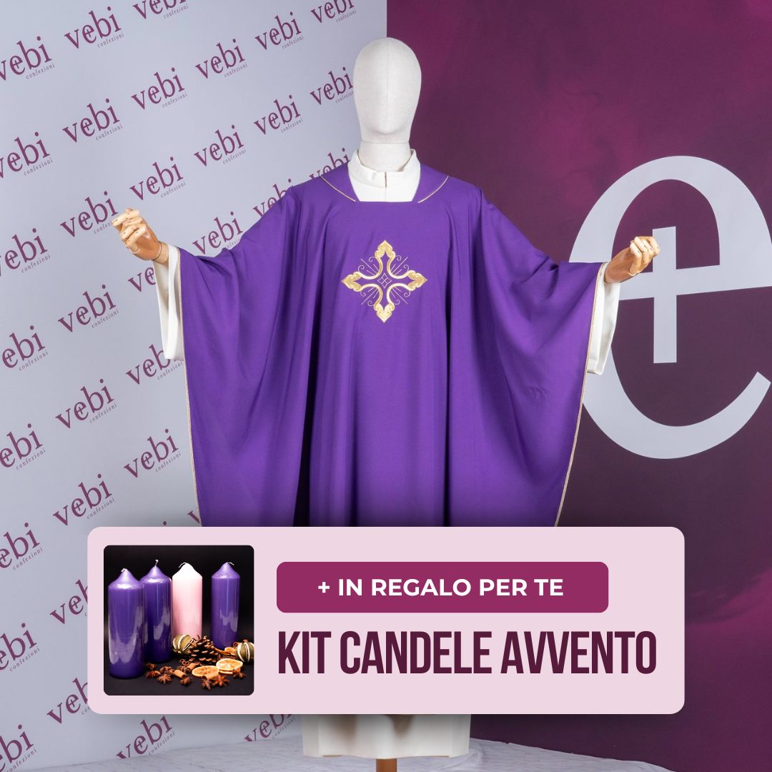 Casula Sacerdotale Viola Ricamo Croce Oro + Kit Avvento Omaggio