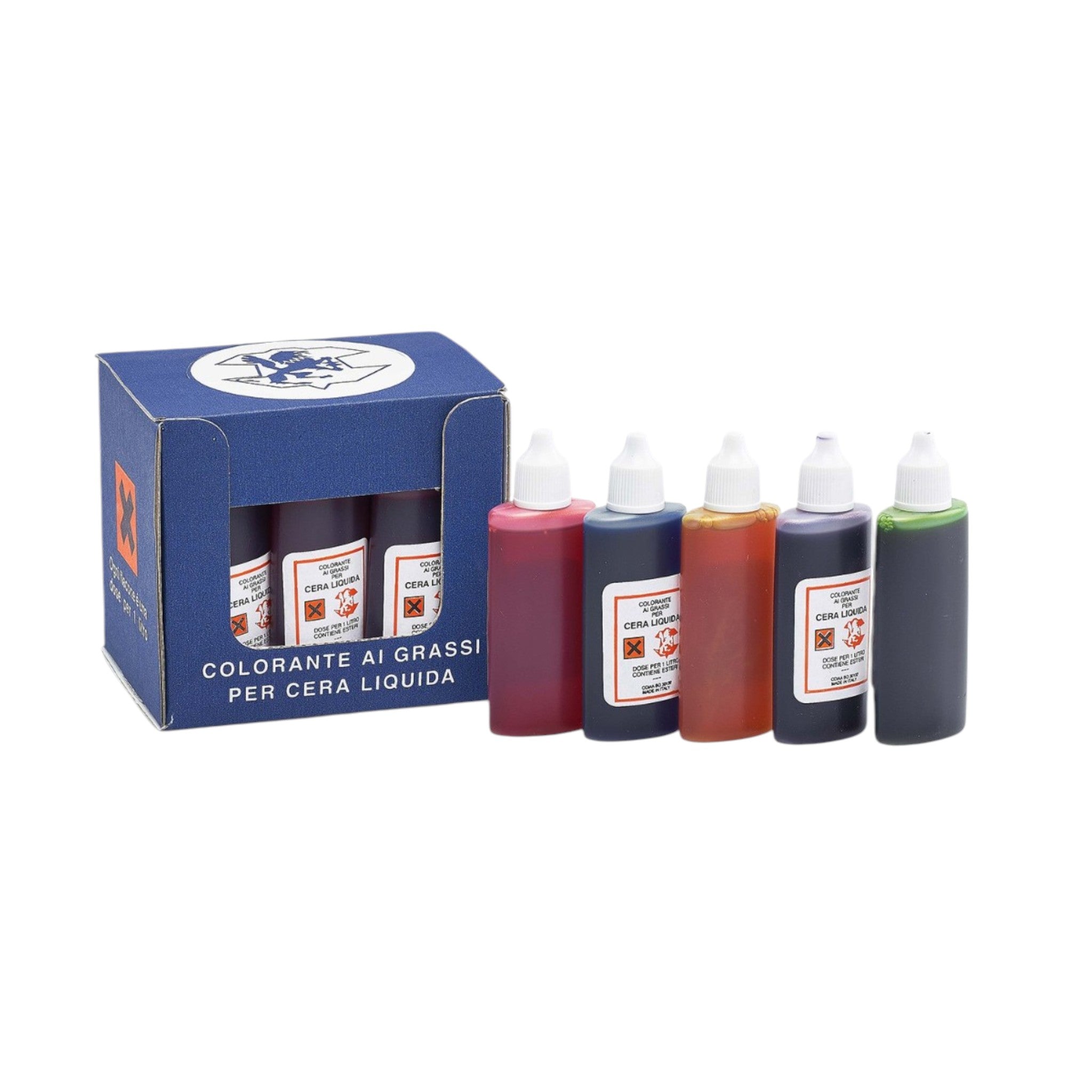 Confezione da 12 pezzi di coloranti per cera liquida da 40 cl.