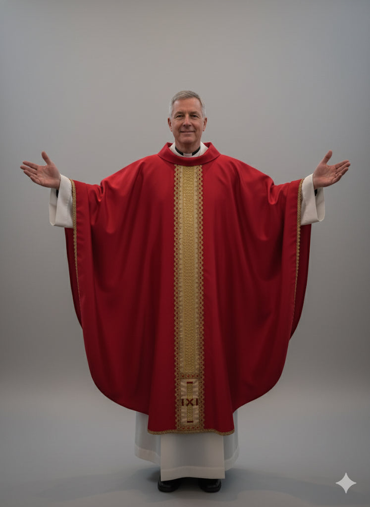 Casula in raso rossa con stolone e croce