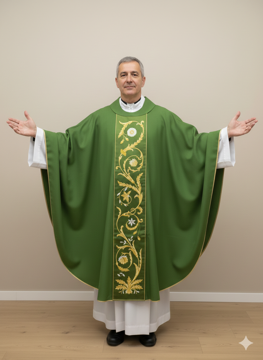 Casula verde in lana con stolone ricamato oro