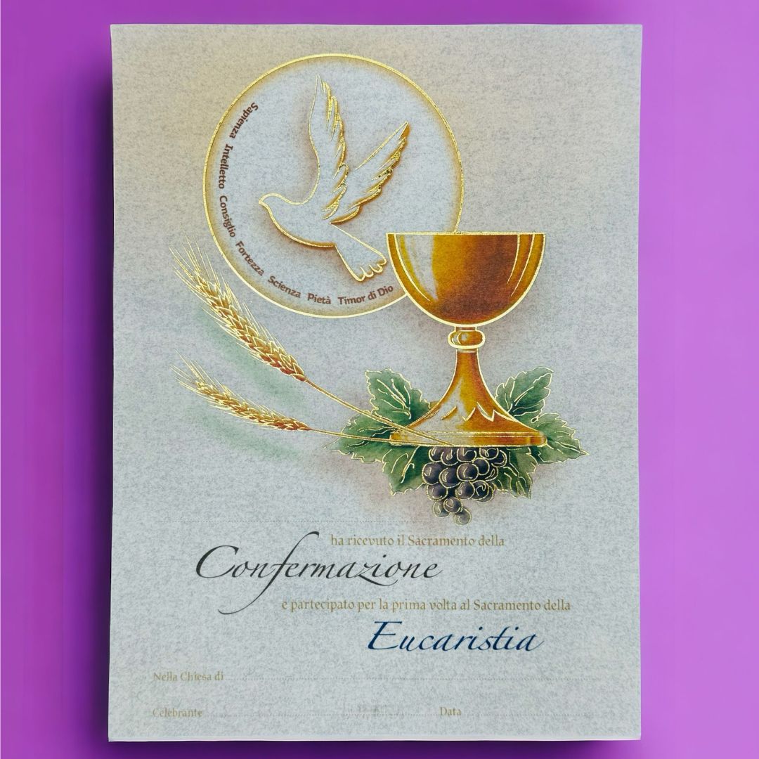 Pergamena Prima Comunione Simboli Eucaristici e Colomba Dettagli Oro