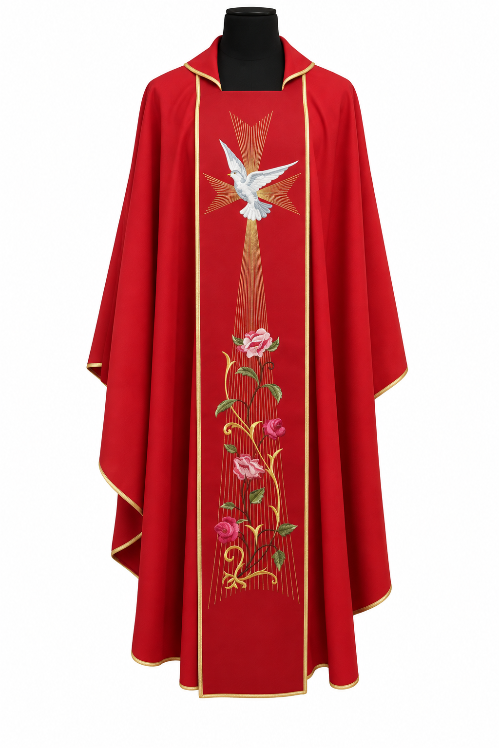 Casula Liturgica Rossa in Pura Lana Stolone con Colomba e Fiori