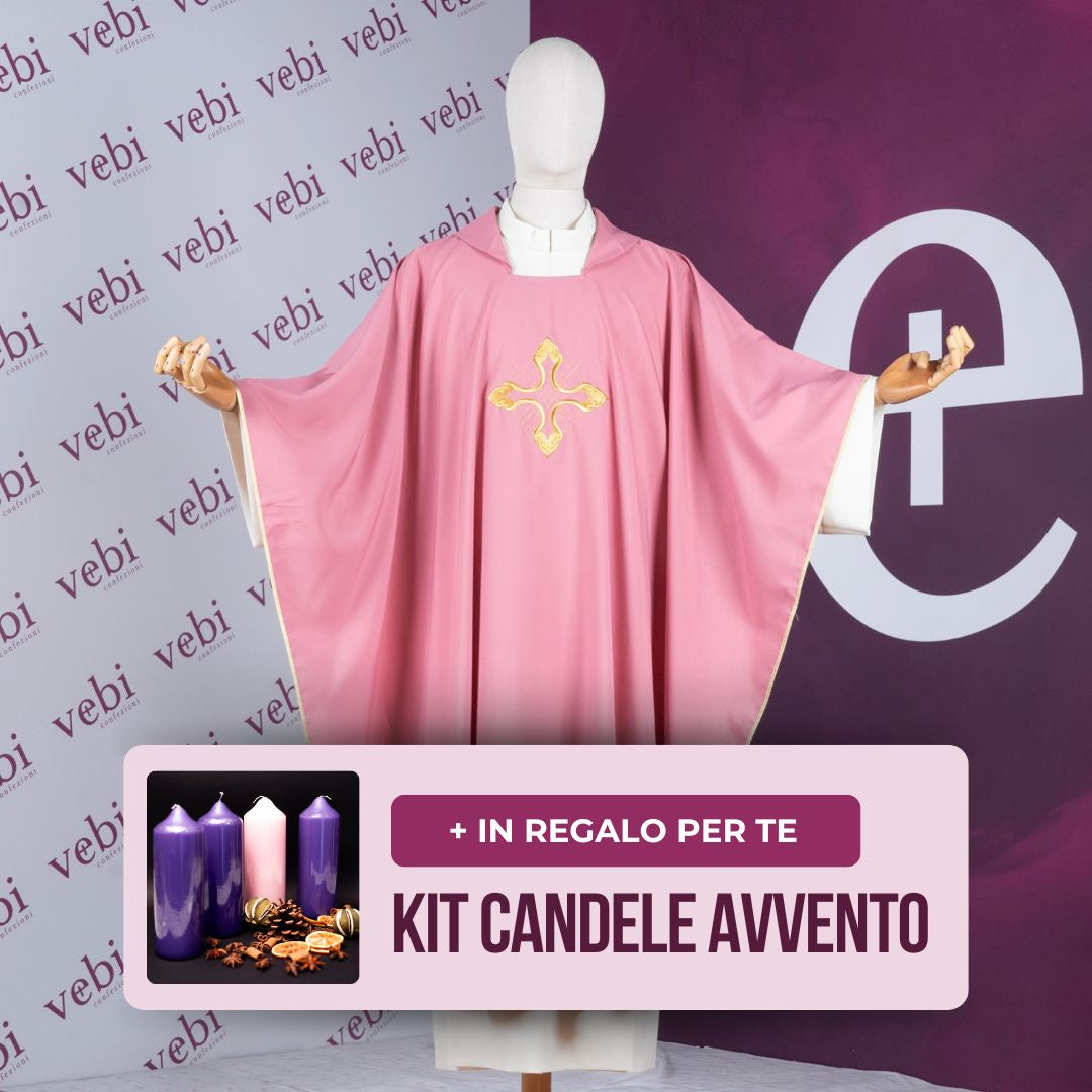 Casula Sacerdotale Rosa Ricamo Croce Oro + Kit Avvento Omaggio