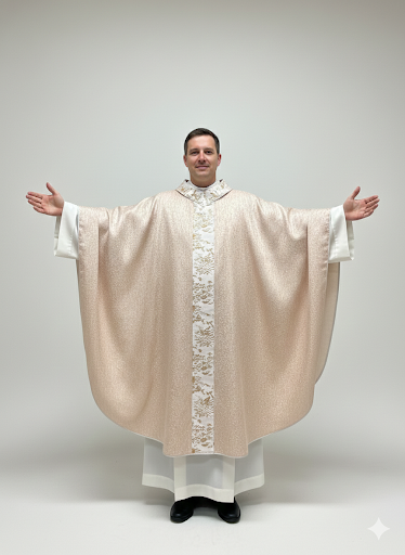 Casula rosa in tessuto 3D con stolone e collo Damasco 3D