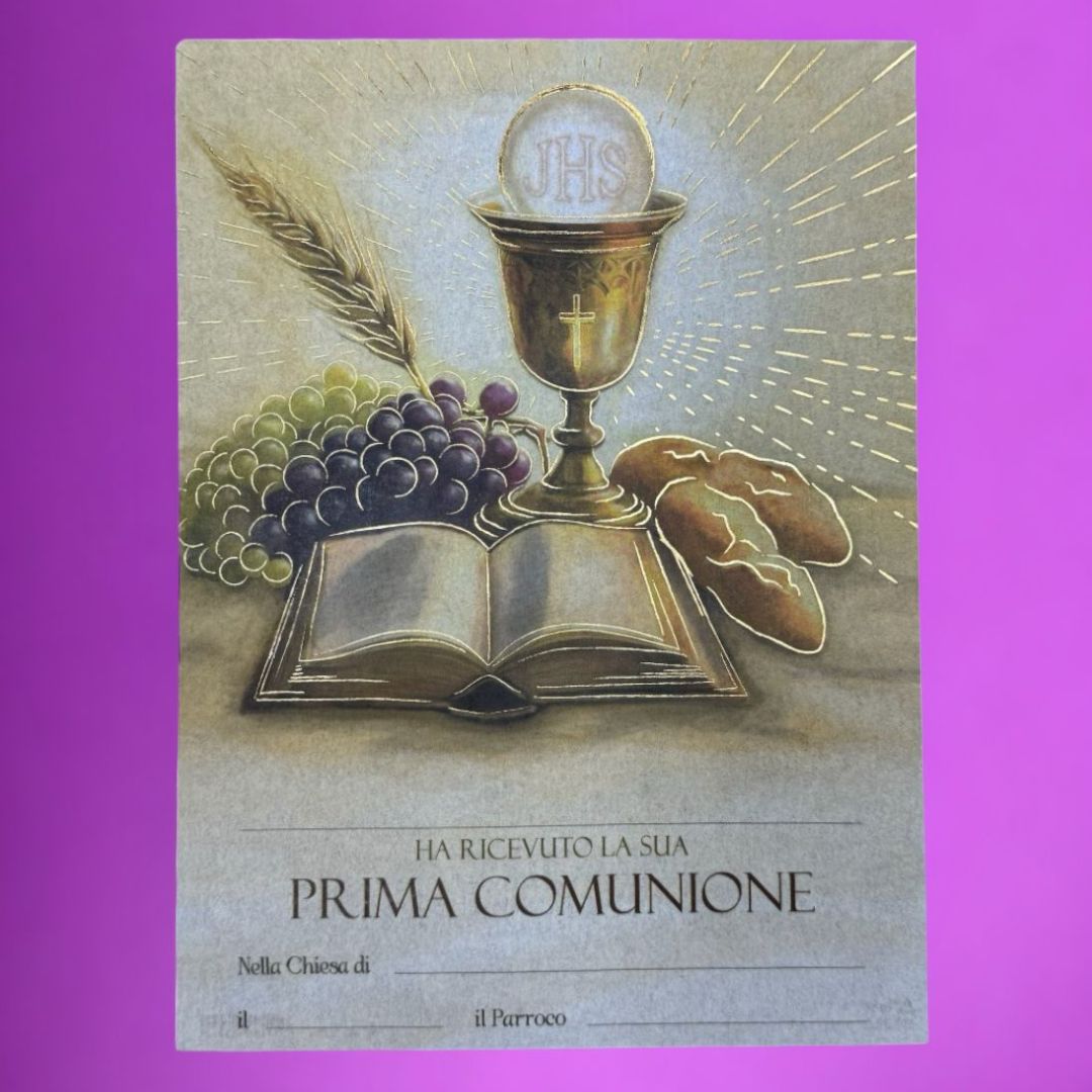 Pergamena Prima Comunione Simboli Eucaristici del Pane, Spiga e Uva