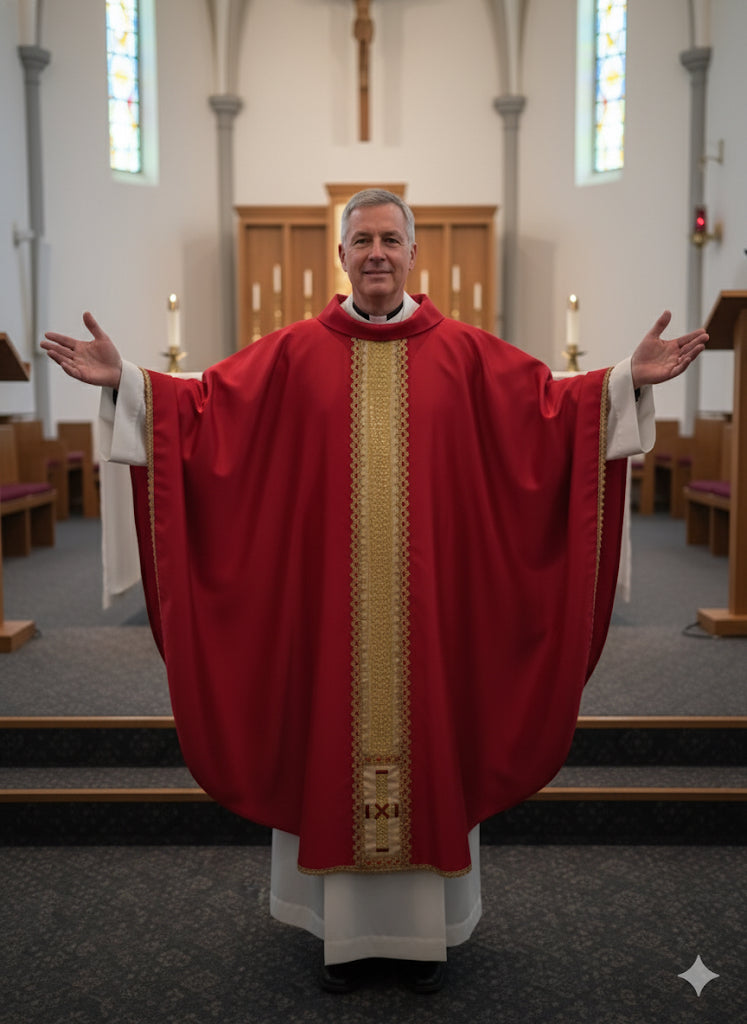 Casula in raso rossa con stolone e croce