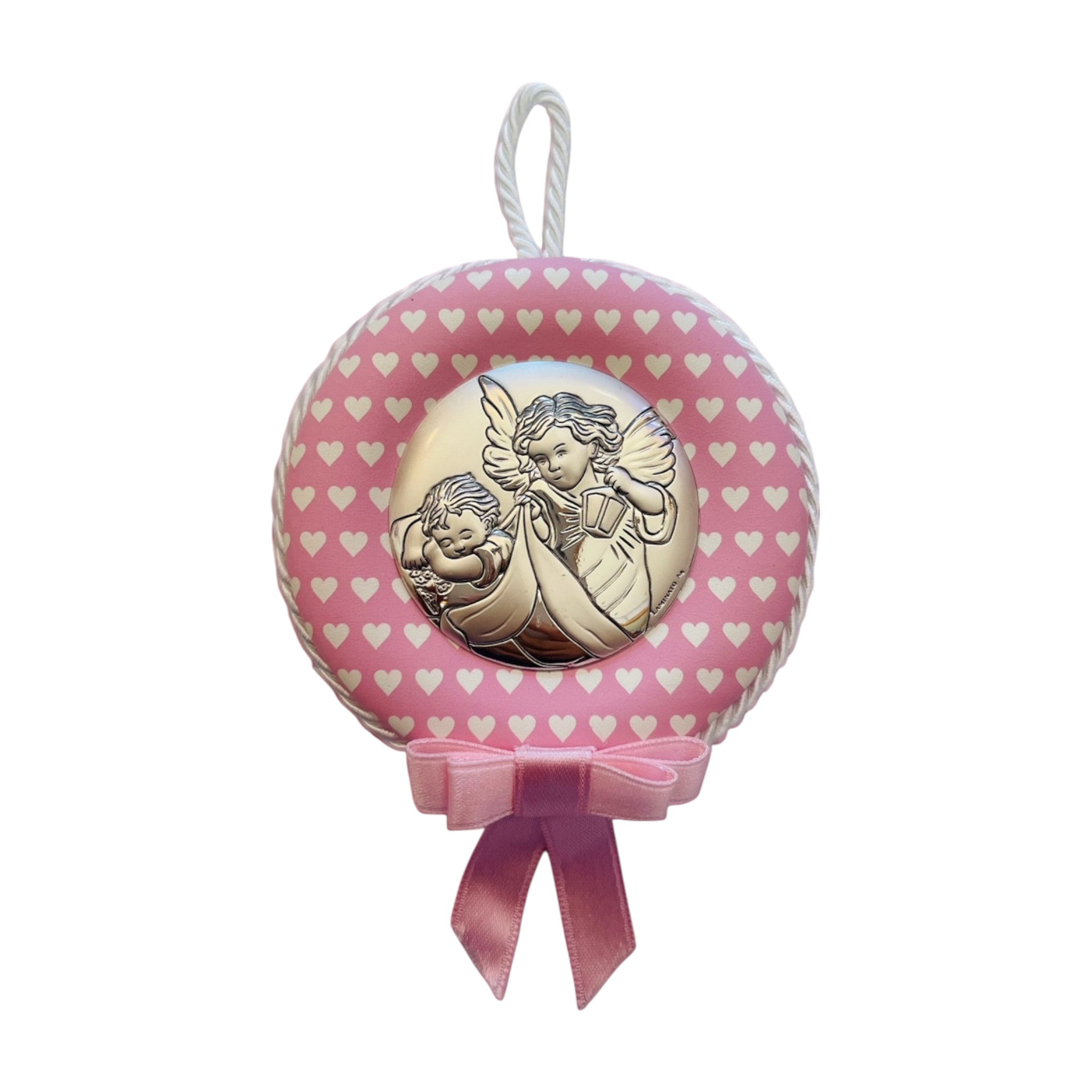 Sovraculla in similpelle rosa con carillon e Medaglia angelo custode