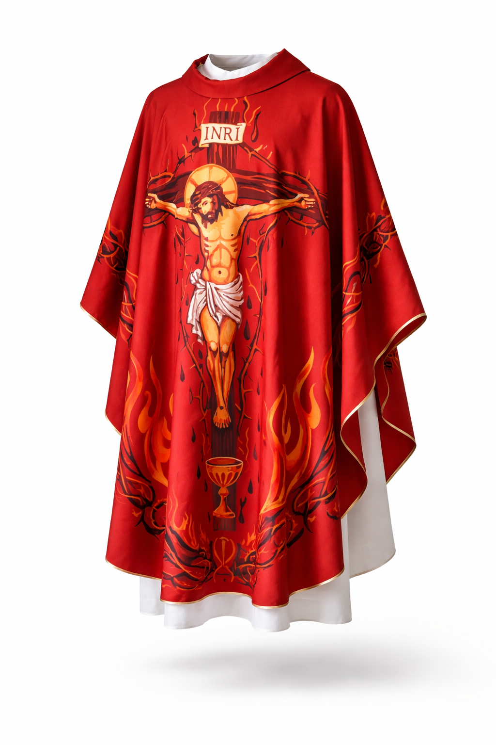 Casula rossa stampata Passione di Cristo, calice e fiamme