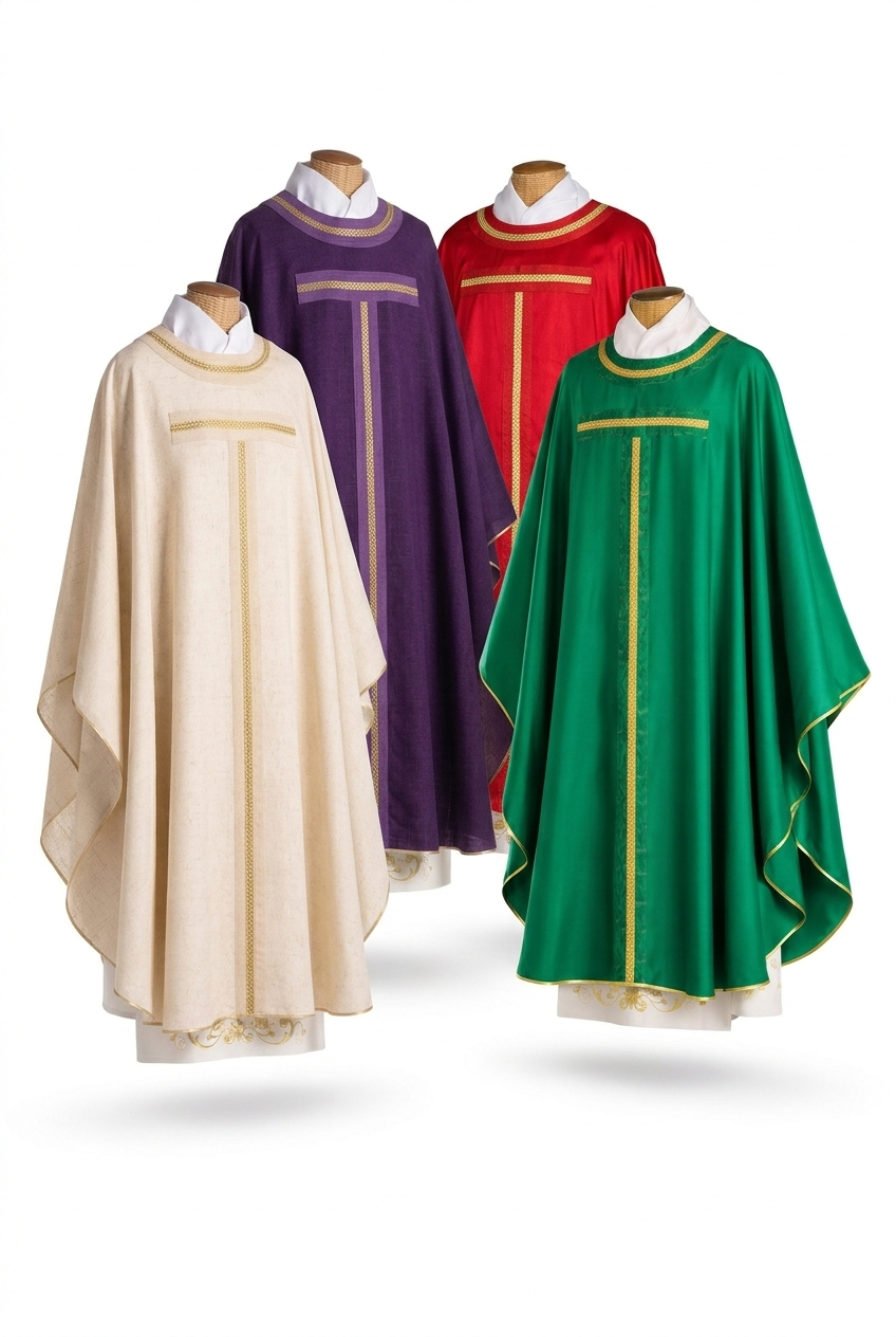 Casula Collo Tondo e Croce Tau (Colori Liturgici Disponibili)
