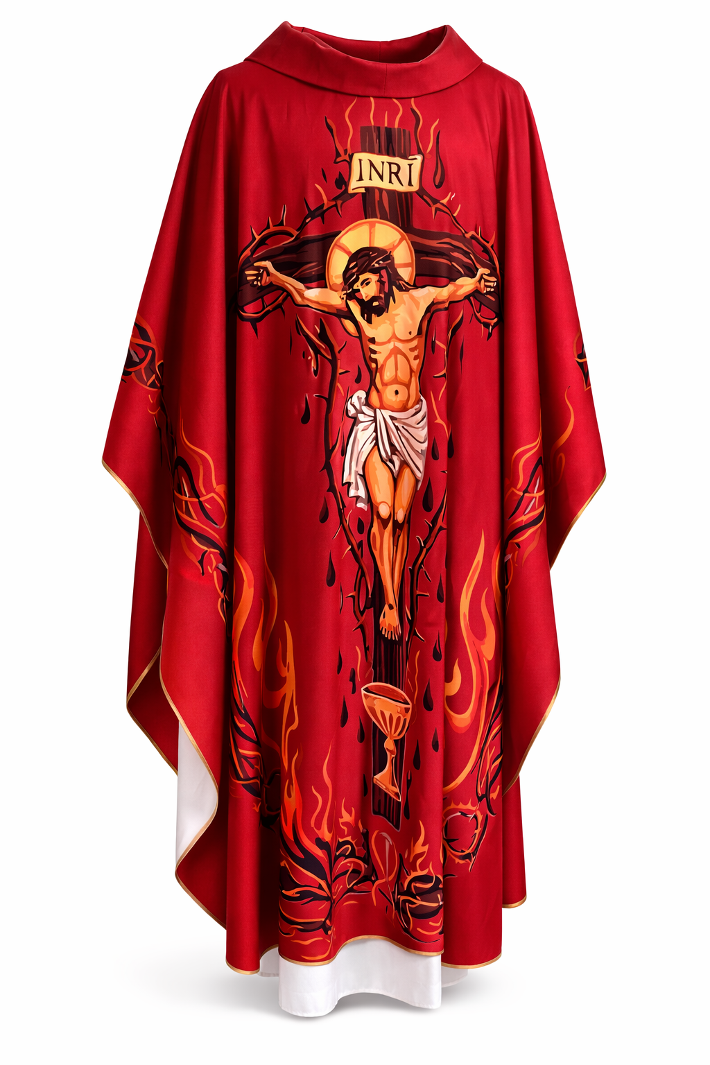 Casula rossa stampata Passione di Cristo, calice e fiamme