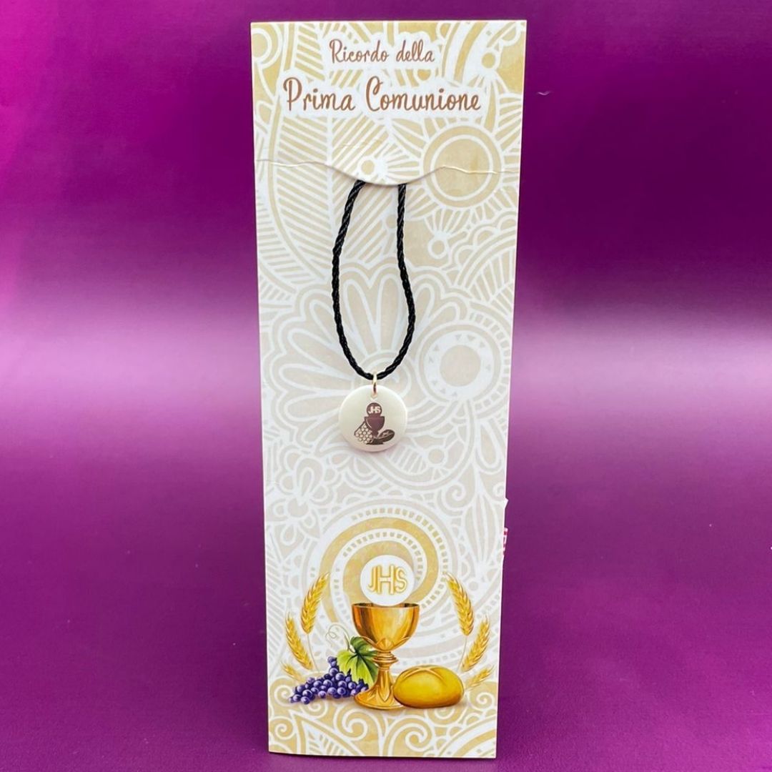 Collana Ricordo della Prima Comunione con Simboli in Madreprerla e Cartoncino Ricordo