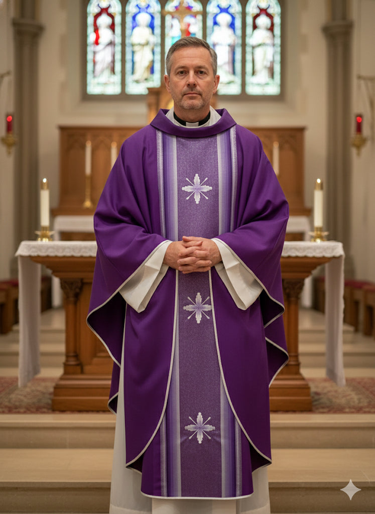 Casula in Lana e Seta Rigata Ricamo Croci (Colori Lit. Rosa e Morello, Mariana Disponibili)