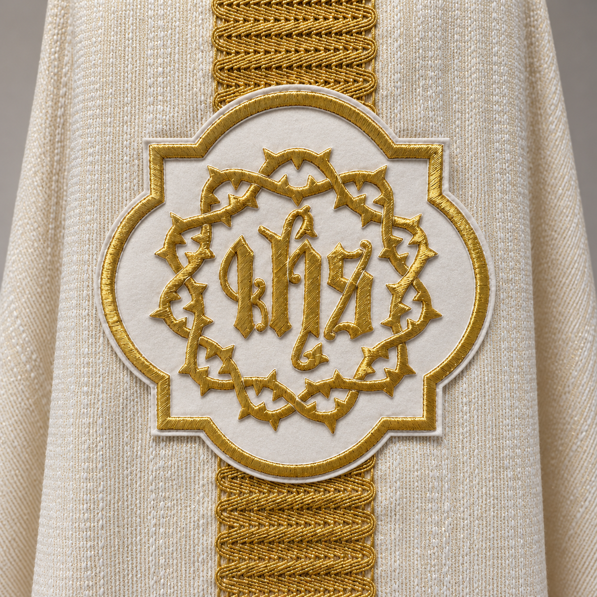 Casula avorio con monogramma dorato ricamato a mano