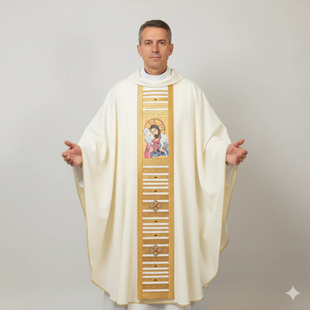 Casula Avorio Lana Dipinta a Mano Gesù Buon Pastore (Colori Liturgici Disponibili)