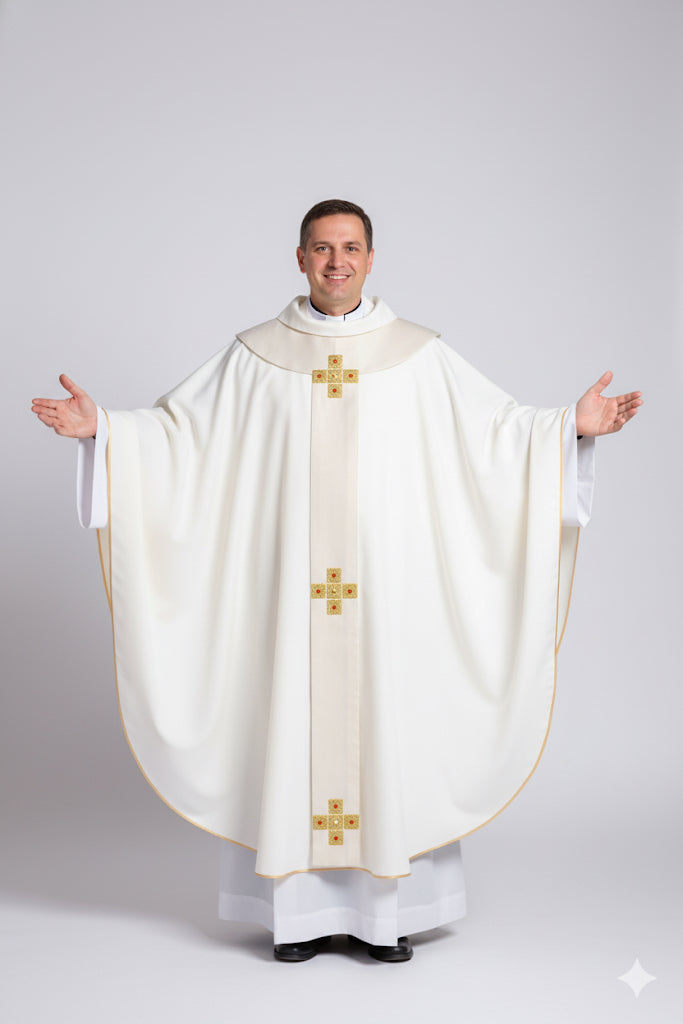 Casula Liturgica in Poliestere con Palio e Croci Oro a Mano Linea Premiere