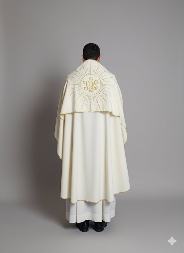 Velo omerale con ricamo IHS e tralci rosa colorate