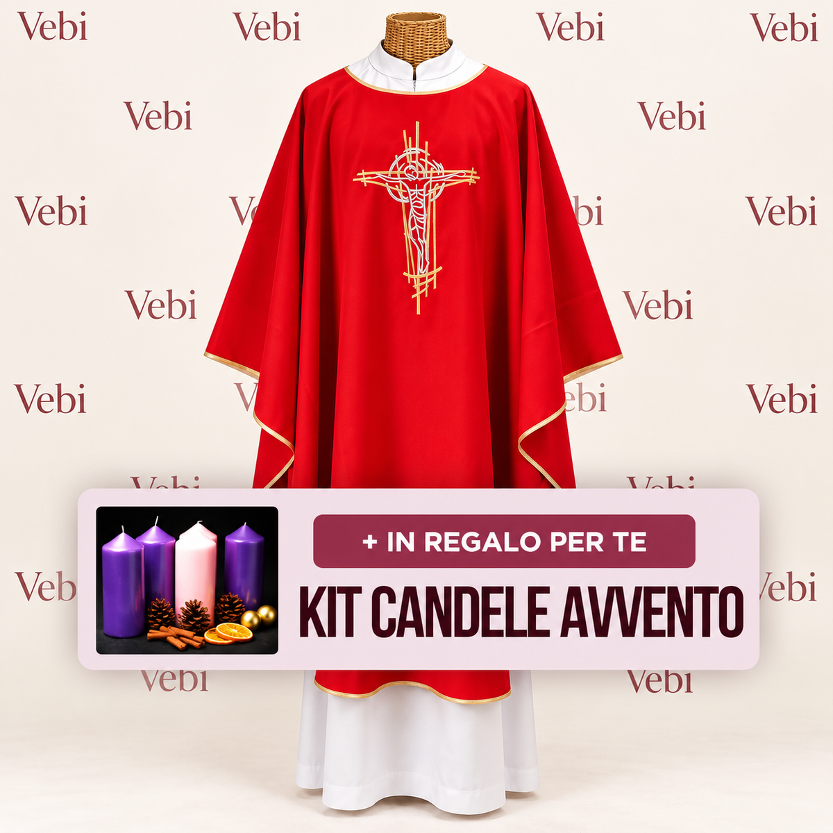 Casula Liturgica con Cristo Crocifisso Ricamato – Disponibile nei Colori Liturgici + Kit Candele Avvento in Omaggio