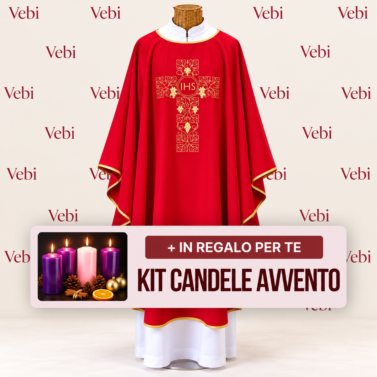 Casula Liturgica con Ricamo IHS – Disponibile nei Colori Liturgici + Kit Candele Avvento in Omaggio