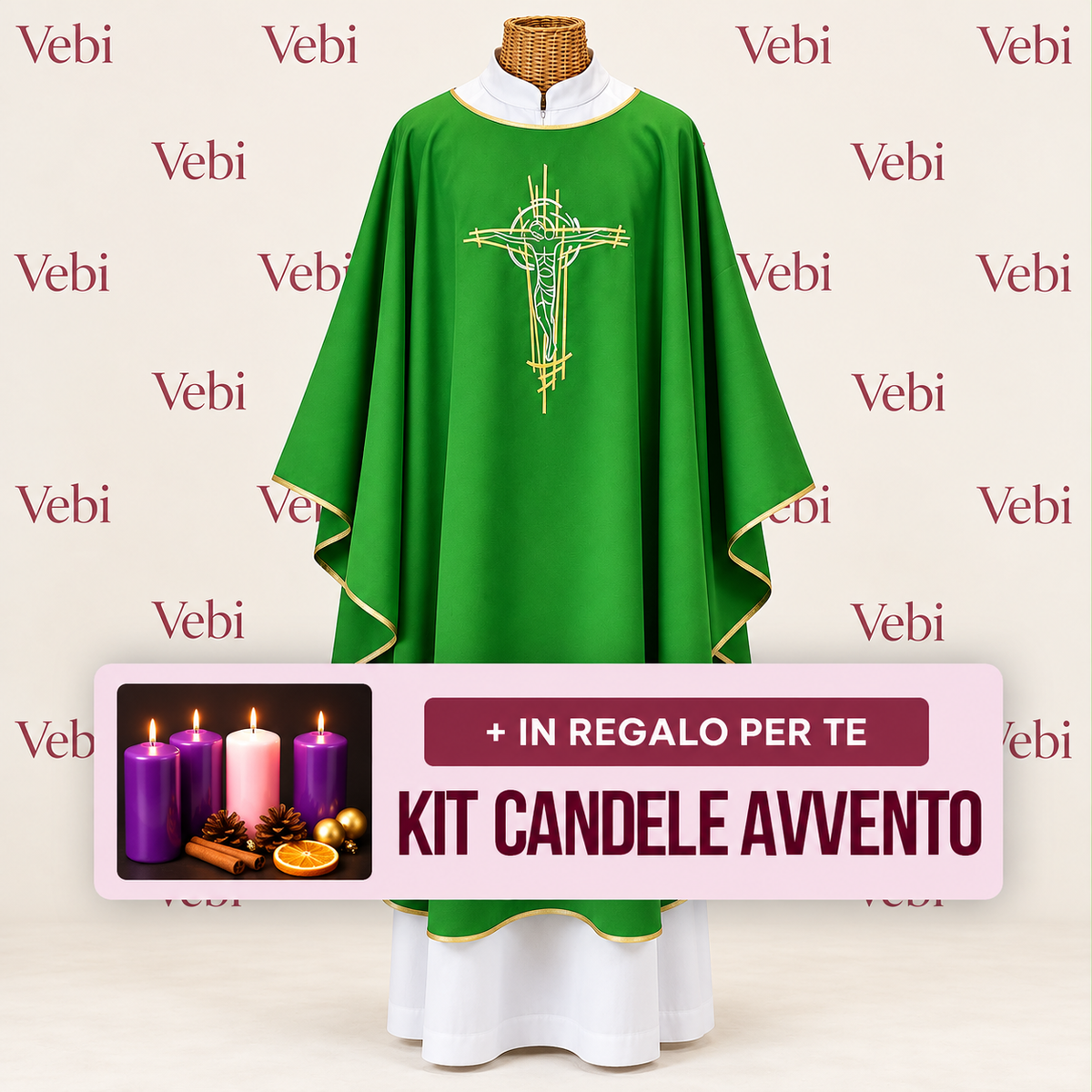 Casula Liturgica con Cristo Crocifisso Ricamato – Disponibile nei Colori Liturgici + Kit Candele Avvento in Omaggio
