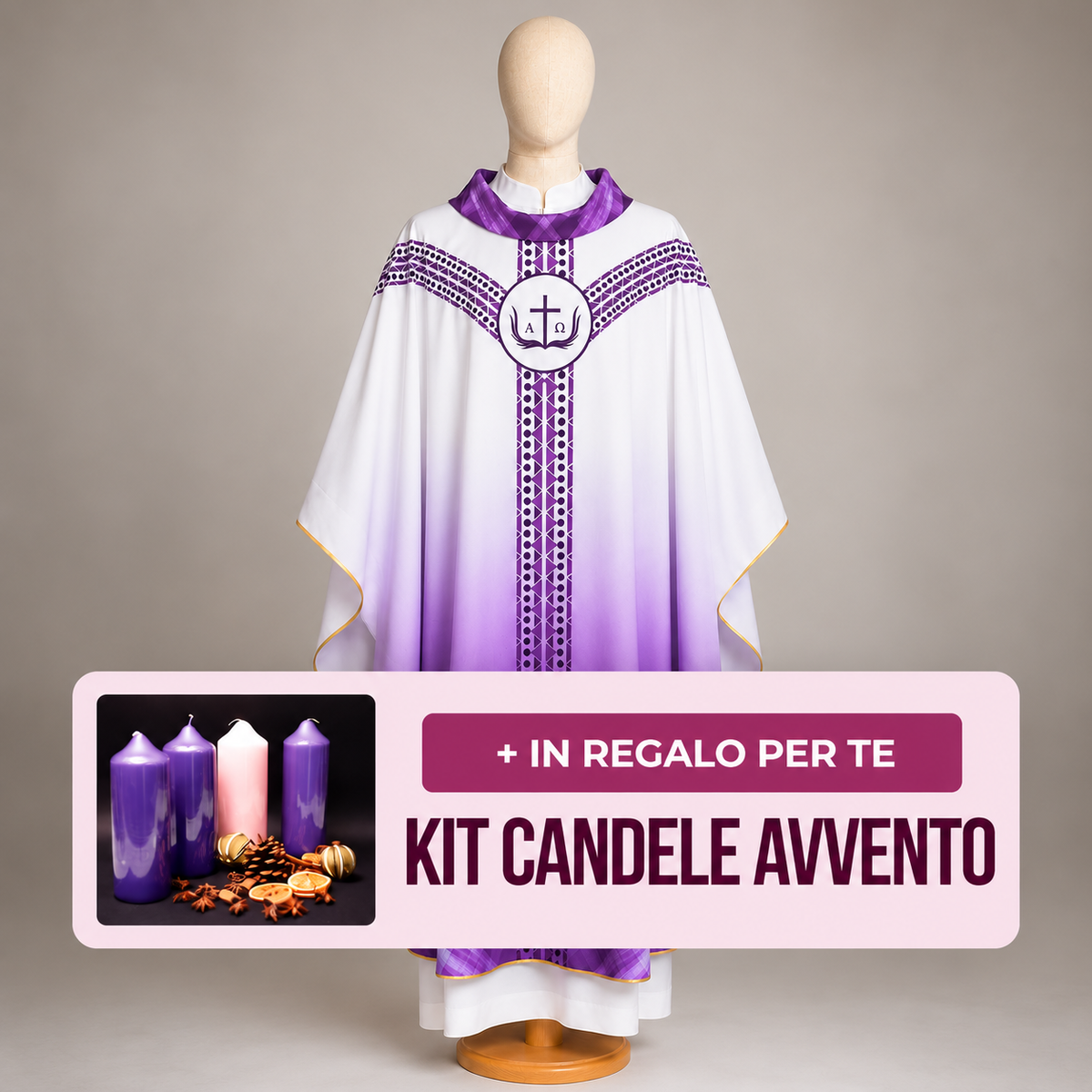 Casula Liturgica Sfumata Bianca e Viola Alfa Sigma e Croce + Kit Avvento Omaggio (Copia)