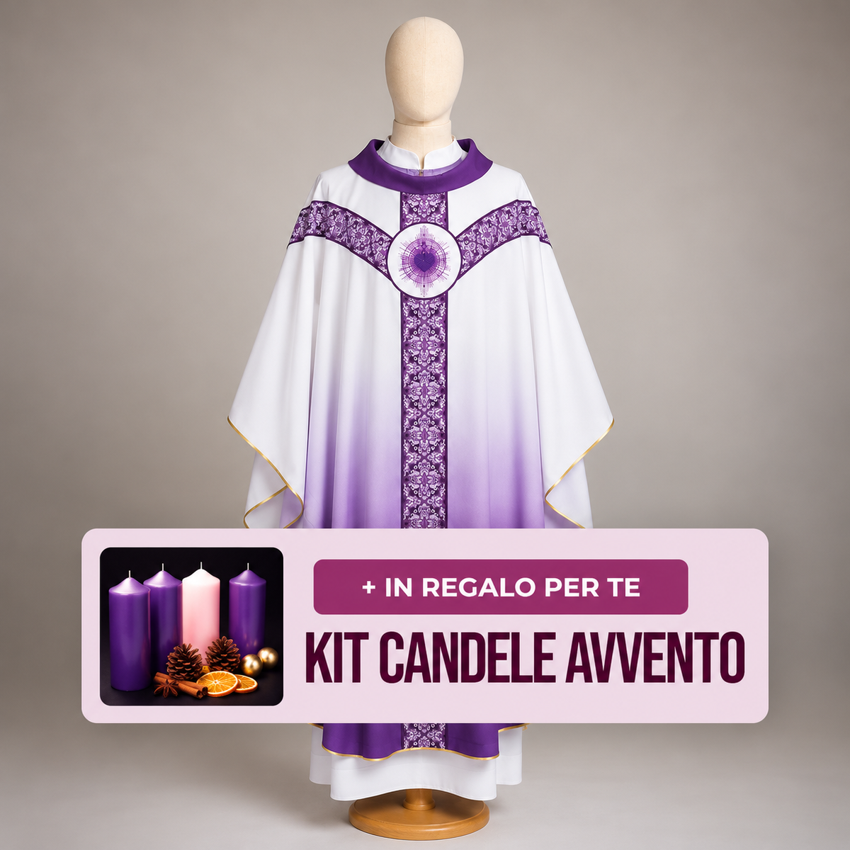 Casula Liturgica Bianca e Viola Sfumata con Decorazioni Floreali e Sacro Cuore – Kit Avvento Omaggio
