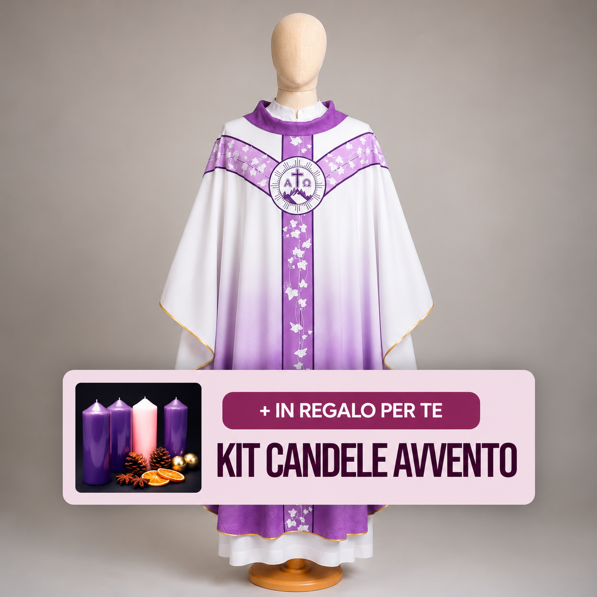 Casula Liturgica Sfumata Bianca e Viola Alfa e Sigma + Kit Avvento Omaggio