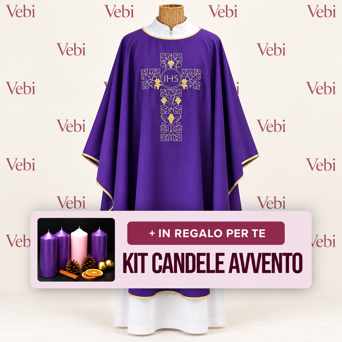Casula Liturgica con Ricamo IHS – Disponibile nei Colori Liturgici + Kit Candele Avvento in Omaggio