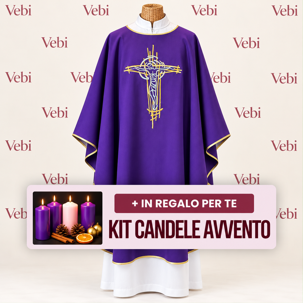 Casula Liturgica con Cristo Crocifisso Ricamato – Disponibile nei Colori Liturgici + Kit Candele Avvento in Omaggio