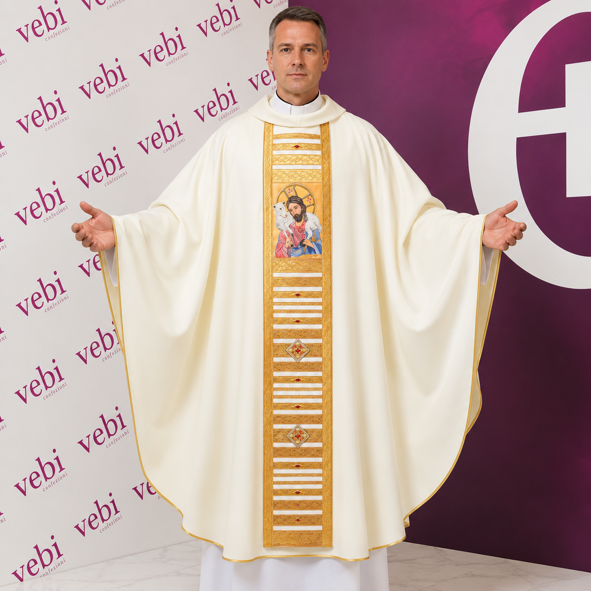 Casula Avorio Lana Dipinta a Mano Gesù Buon Pastore (Colori Liturgici Disponibili)