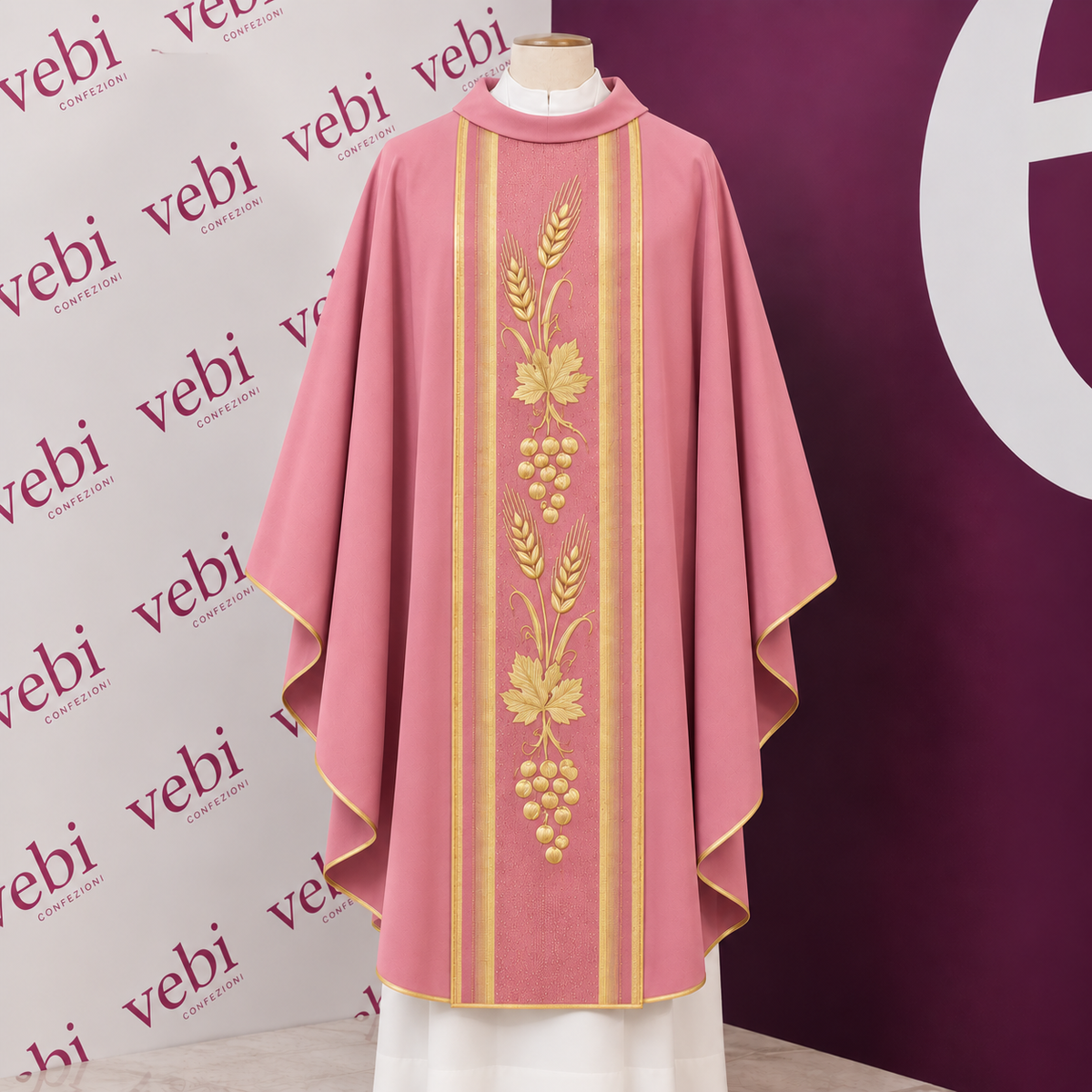 Casula in Lana e Seta Rigata Ricamo Croci (Colori Lit. Rosa e Morello, Mariana Disponibili)