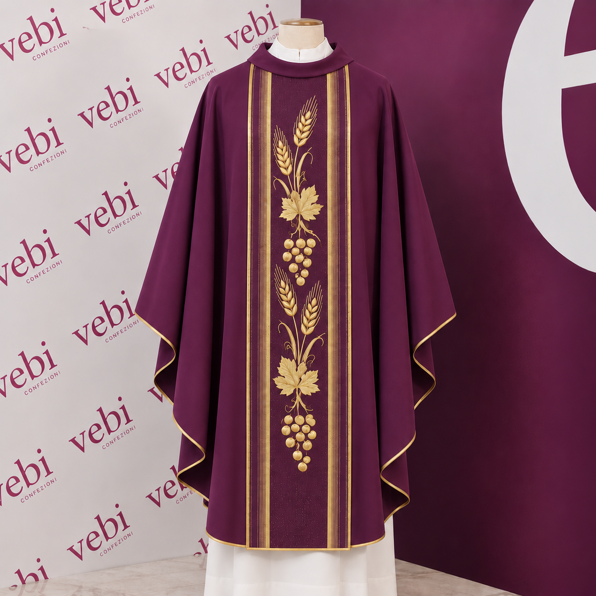 Casula in Lana e Seta Rigata Ricamo Croci (Colori Lit. Rosa e Morello, Mariana Disponibili)