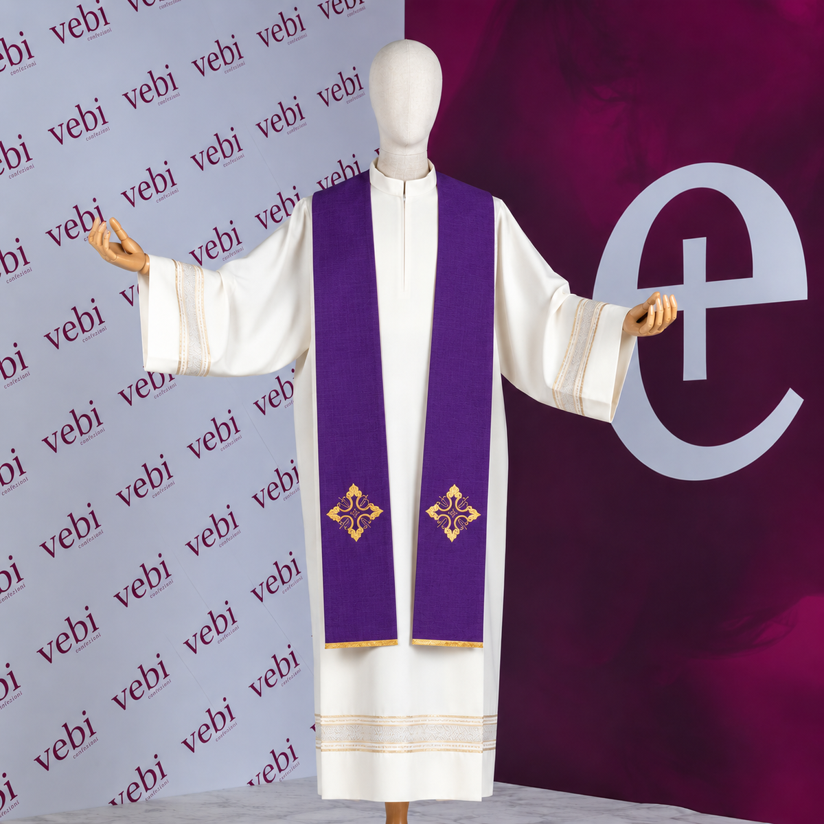 Stola per Sacerdote  Ricamo Croce Rifinitura Oro (Colori Liturgici Disponibili)