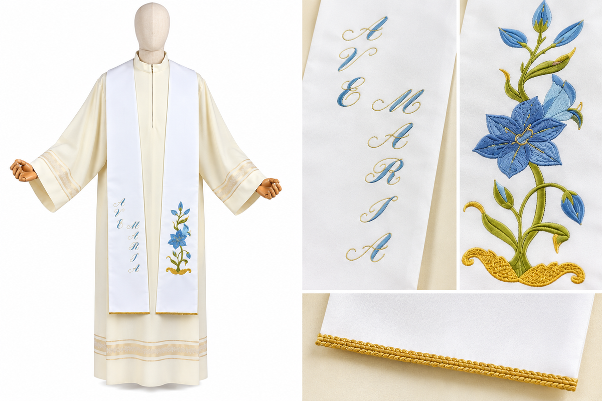 Stola Mariana per Sacerdote con Ricamo Ave Maria