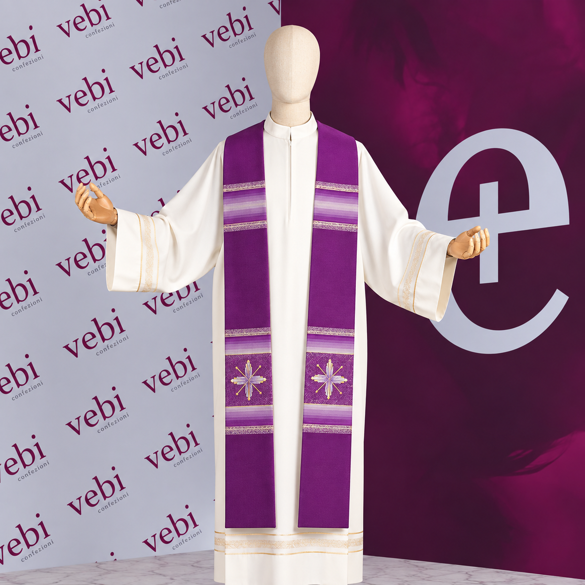 Stola per Sacerdote in Lana e Seta Ricamo Croci e Inserti in Tono (Colori Disponibili)
