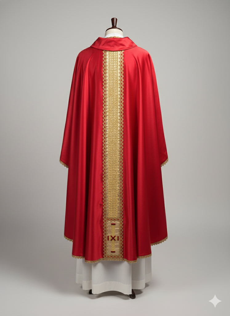 Casula in raso rossa con stolone e croce