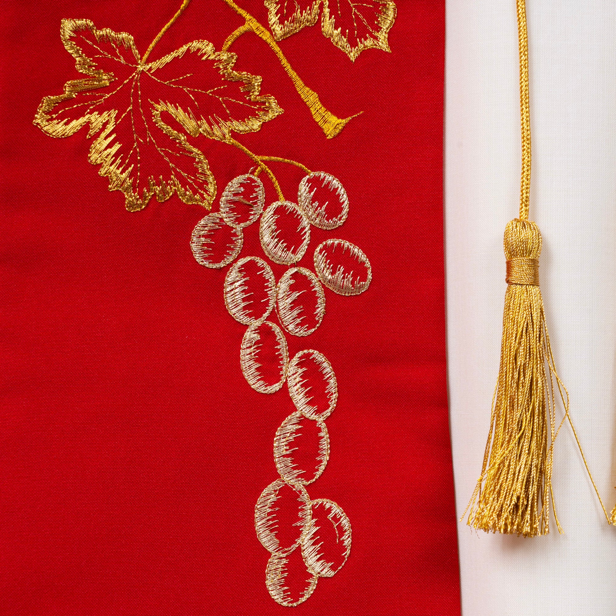 Stola per Sacerdote Ricamo Grano ed Uva in Poliestere con Frangia Oro (Disp. Colori)