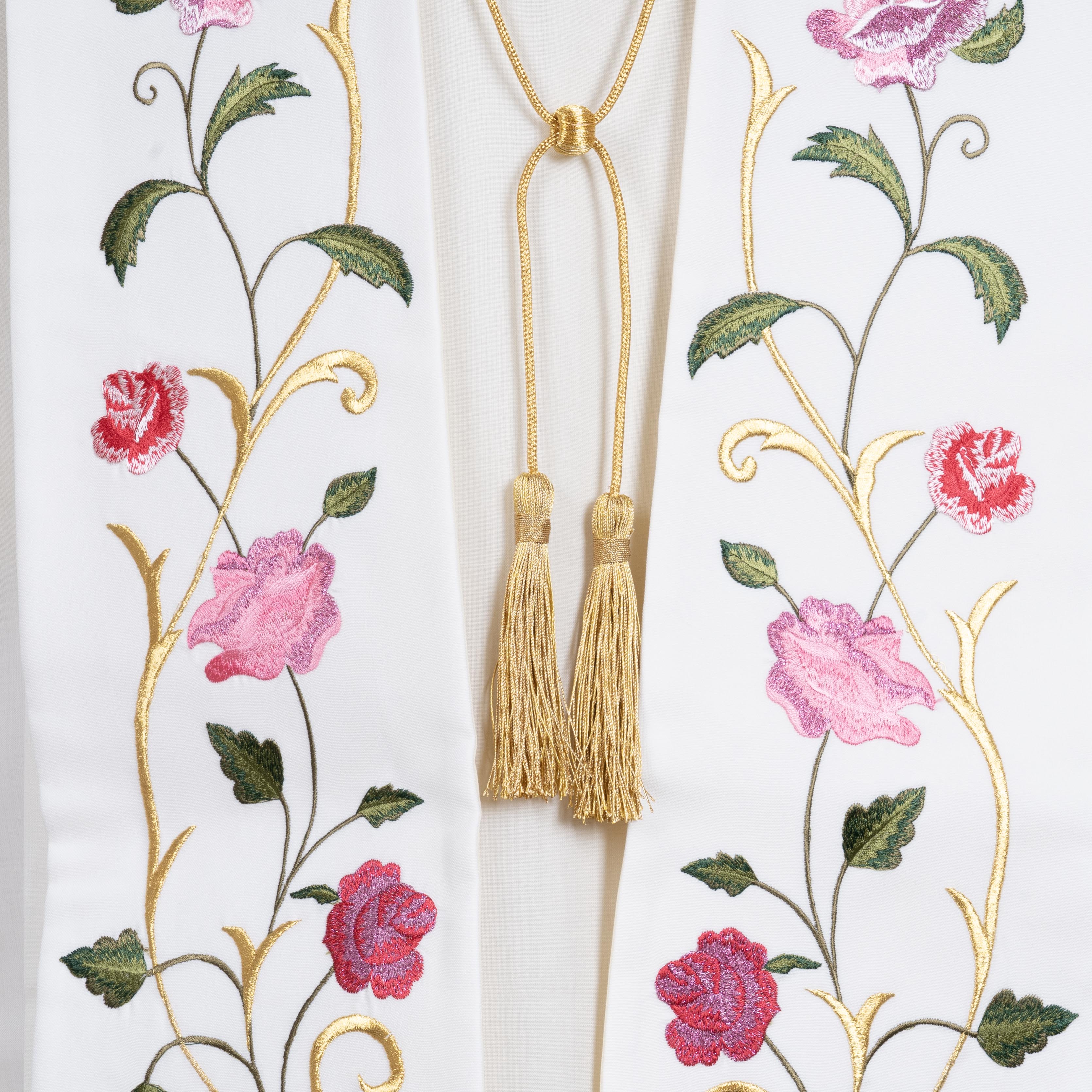 Stola per Sacerdote Bianca con Ricamo Monogramma Mariano e Rose