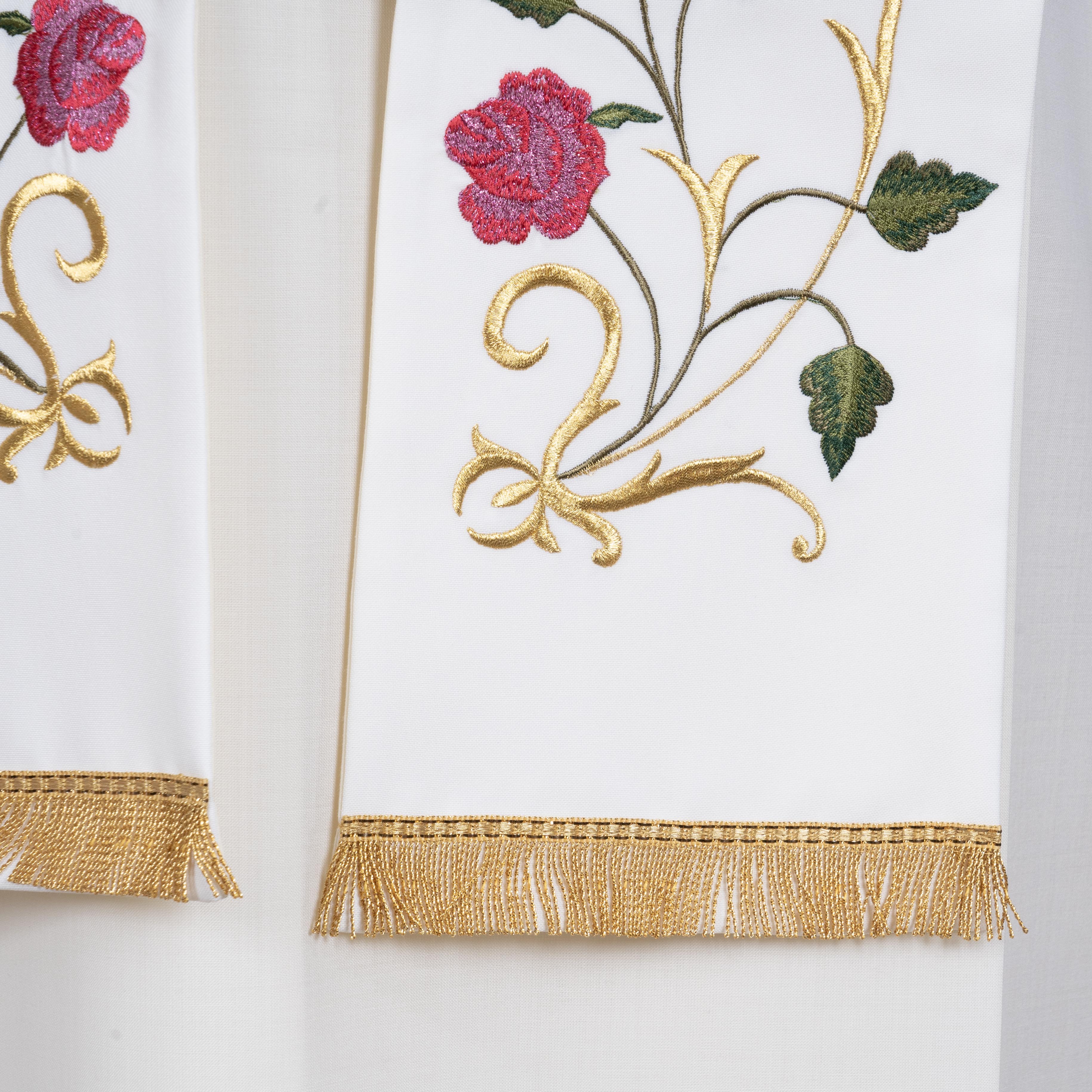 Stola per Sacerdote Bianca con Ricamo Monogramma Mariano e Rose
