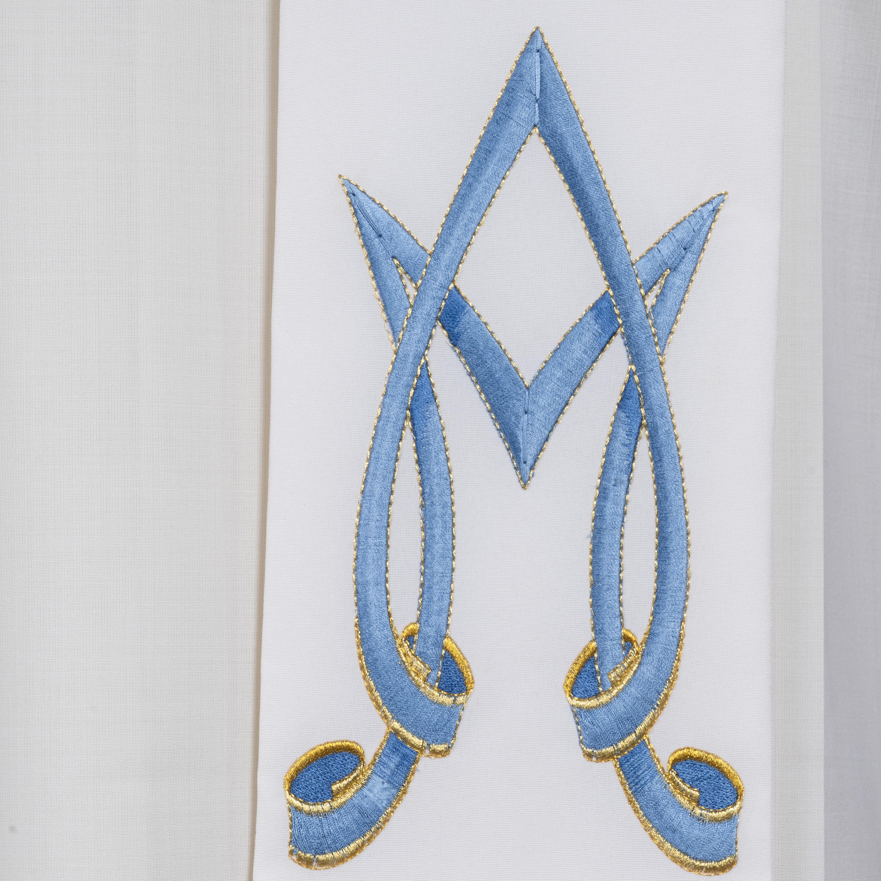 Stola per Sacerdote Bianca con Ricamo Monogramma Mariano e Rose