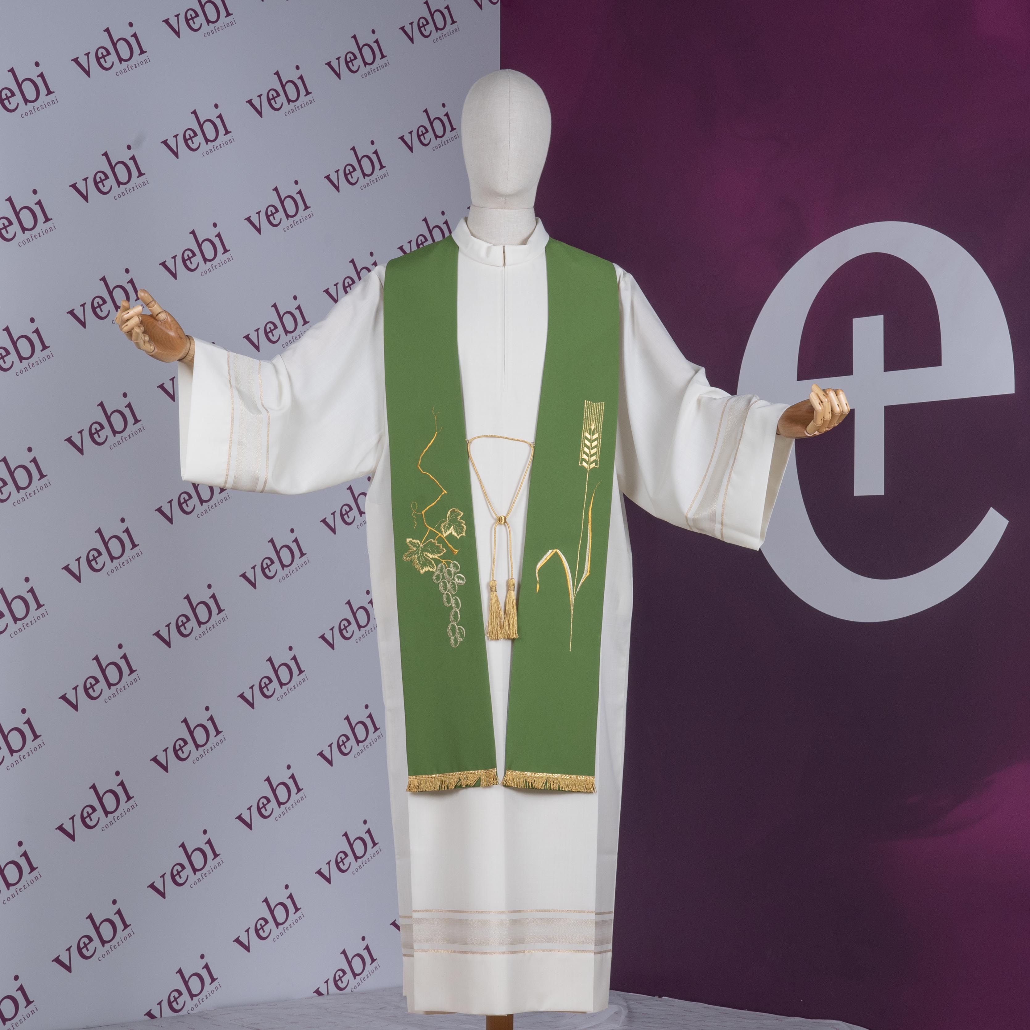 Stola per Sacerdote Ricamo Grano ed Uva in Poliestere con Frangia Oro (Disp. Colori)