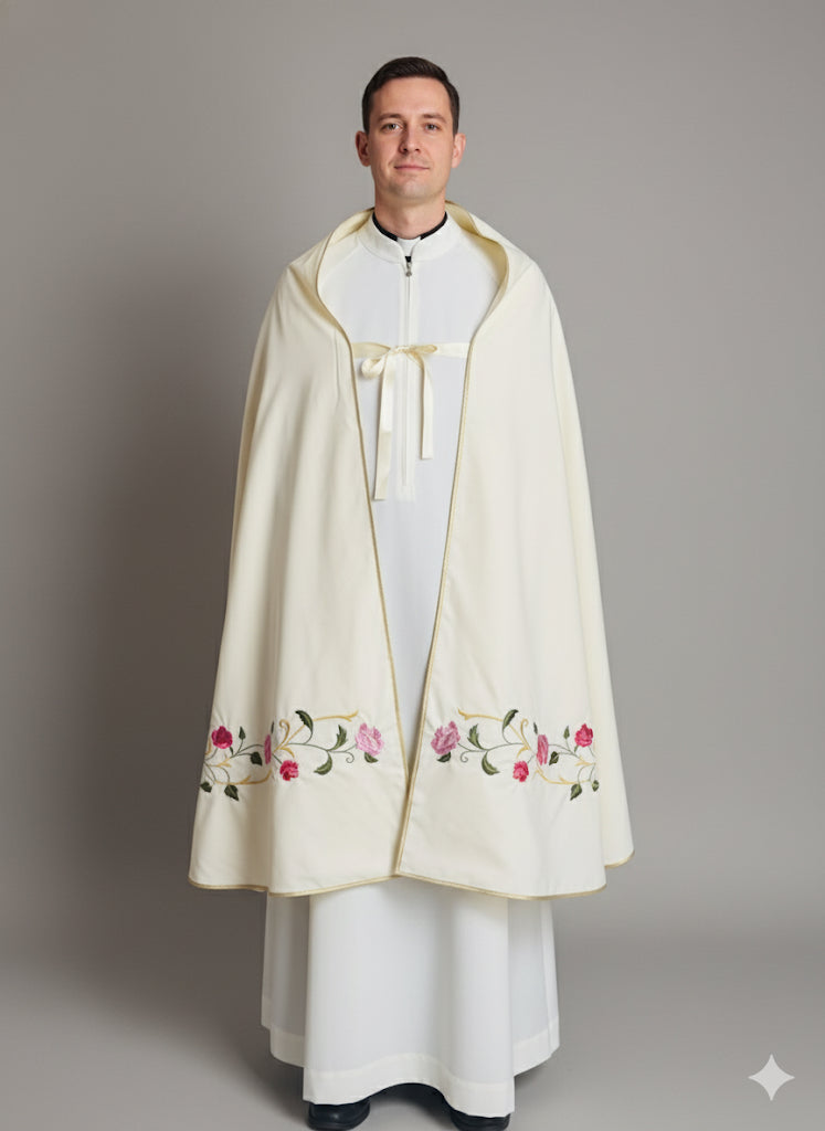 Velo omerale con ricamo IHS e tralci rosa colorate