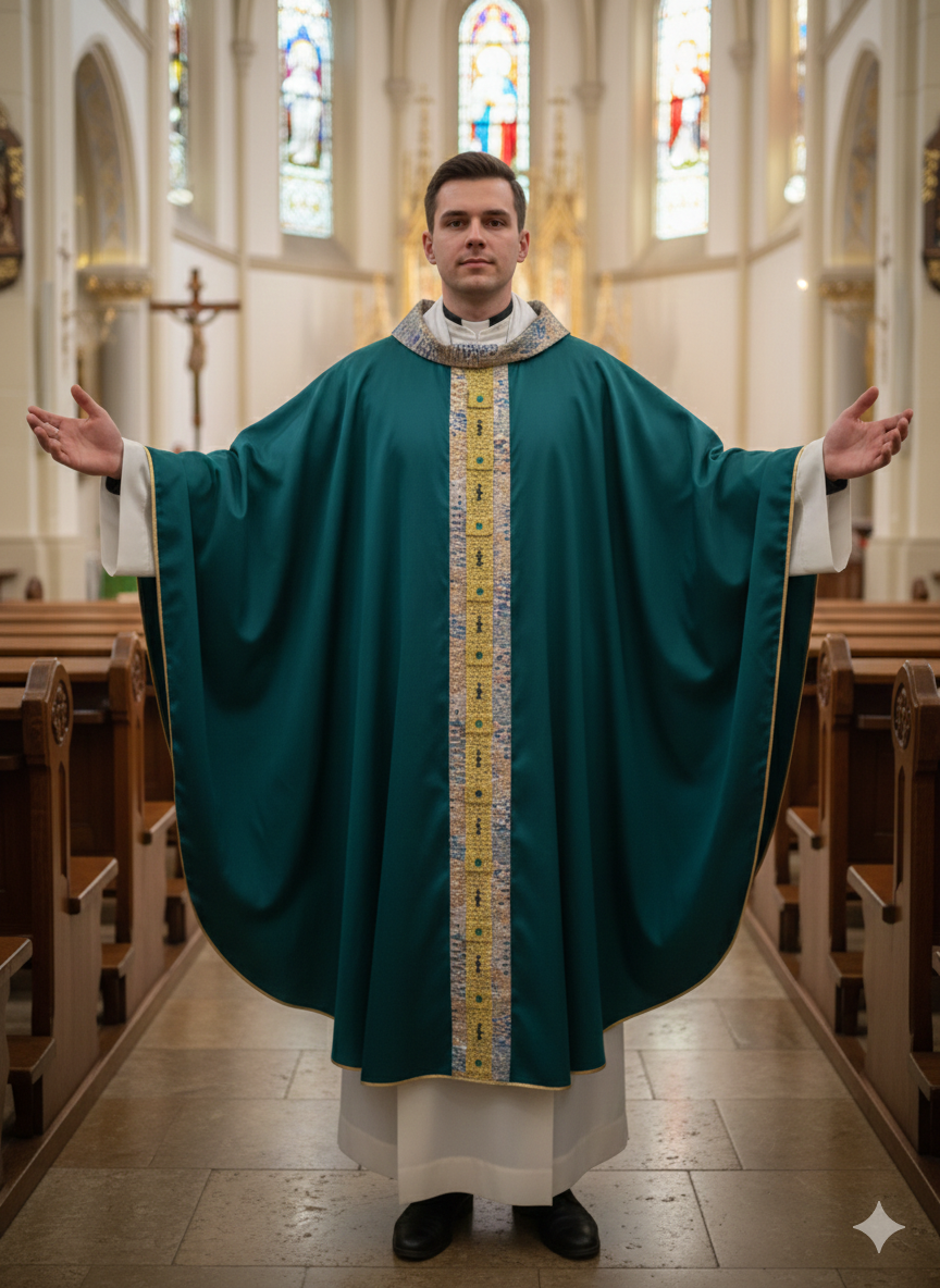 Casula verde in seta son stolone damascato