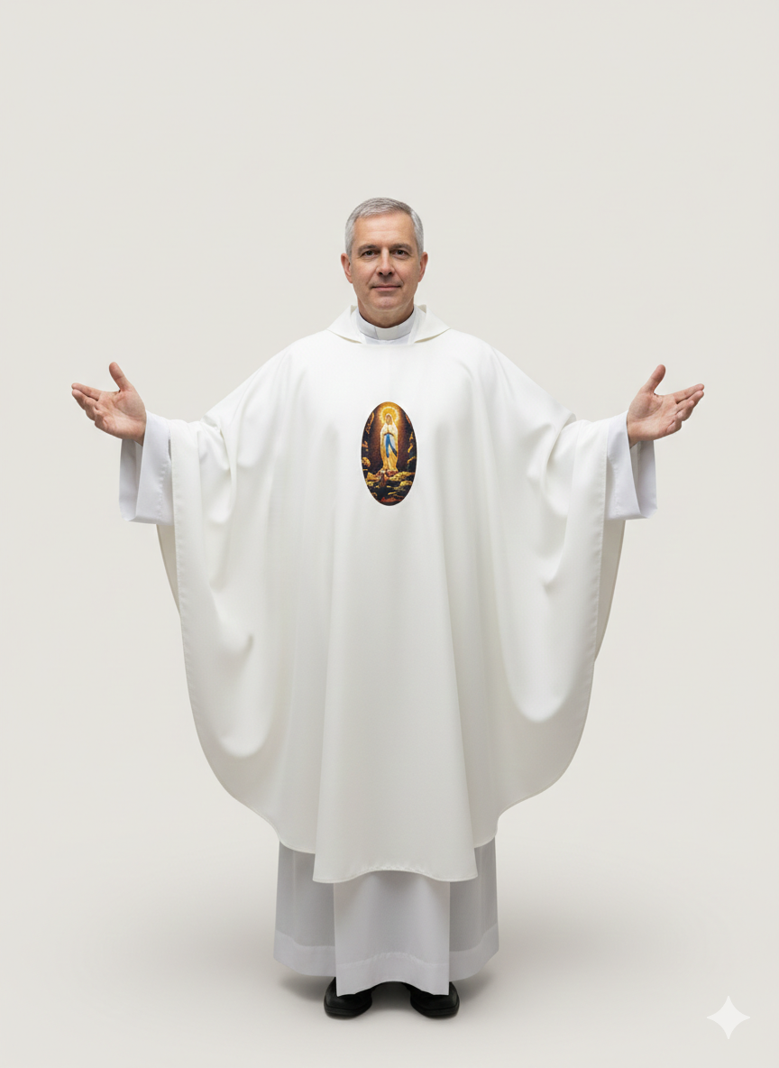 Casula liturgica Bianca Stampa a Sublimazione Madonna di Lourdes