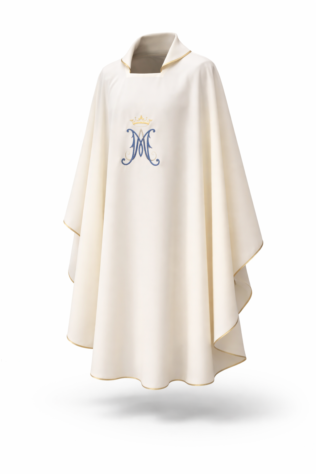 Casula Liturgica Mariana Bianca Monogramma Azzurro e Oro