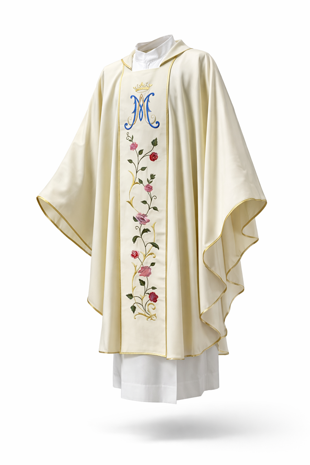 Casula Liturgica in Pura Lana Mariana Bianca Stolone Ricamato Rose