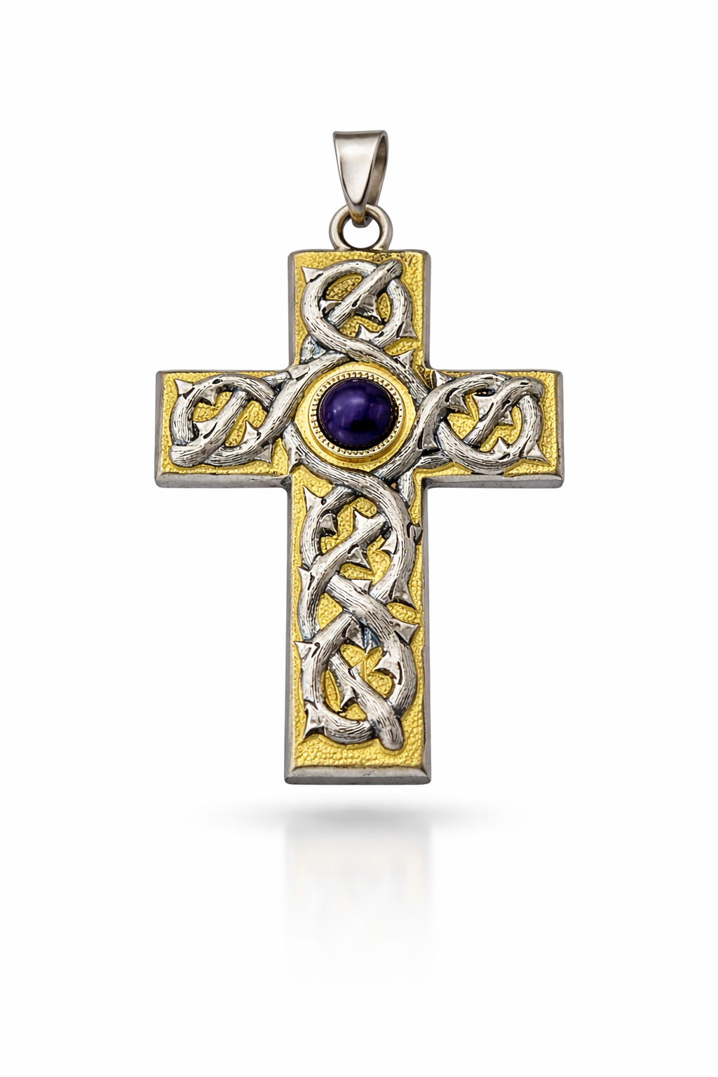 Croce pettorale sacra Bicolore con Pietra dura scura e Corona di Spine