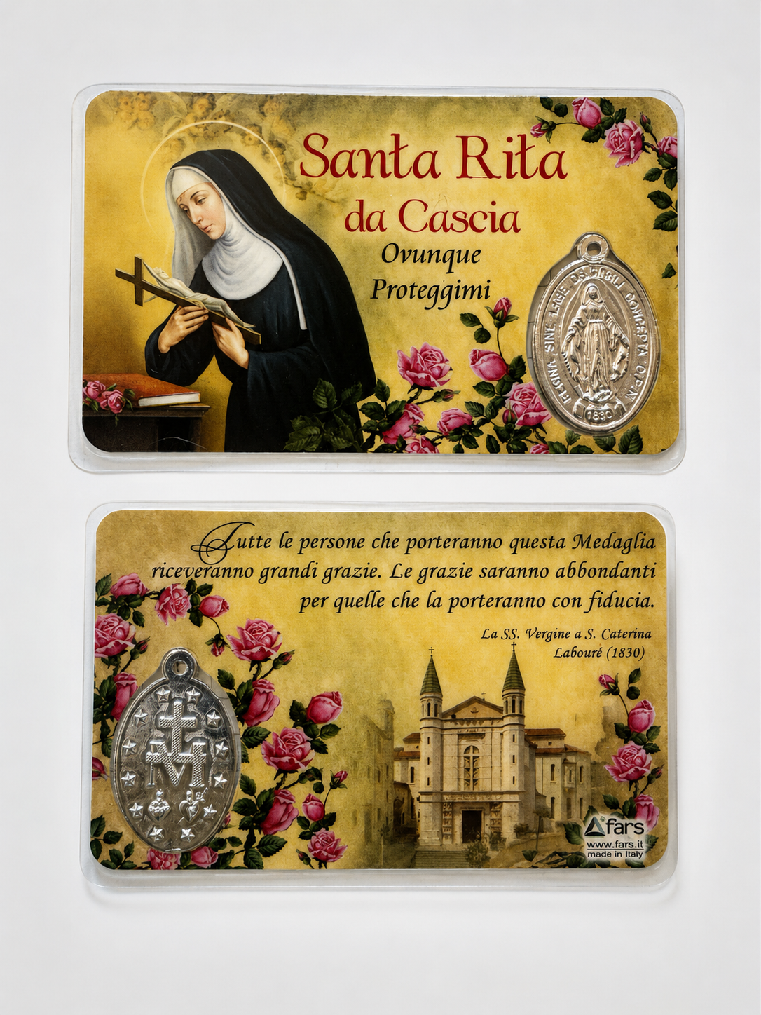Card Santa Rita plastificata con medaglia