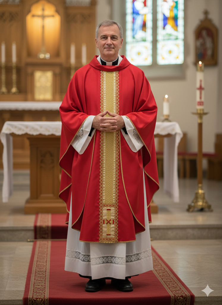 Casula in raso rossa con stolone e croce